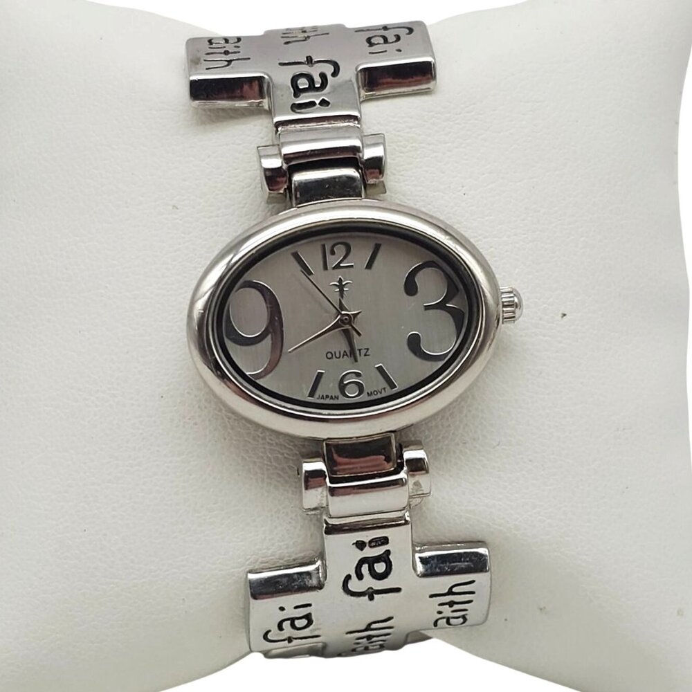 Cato Silver Tone Womens Bracelet Watch Faith Love Cross Adjustable Cuff